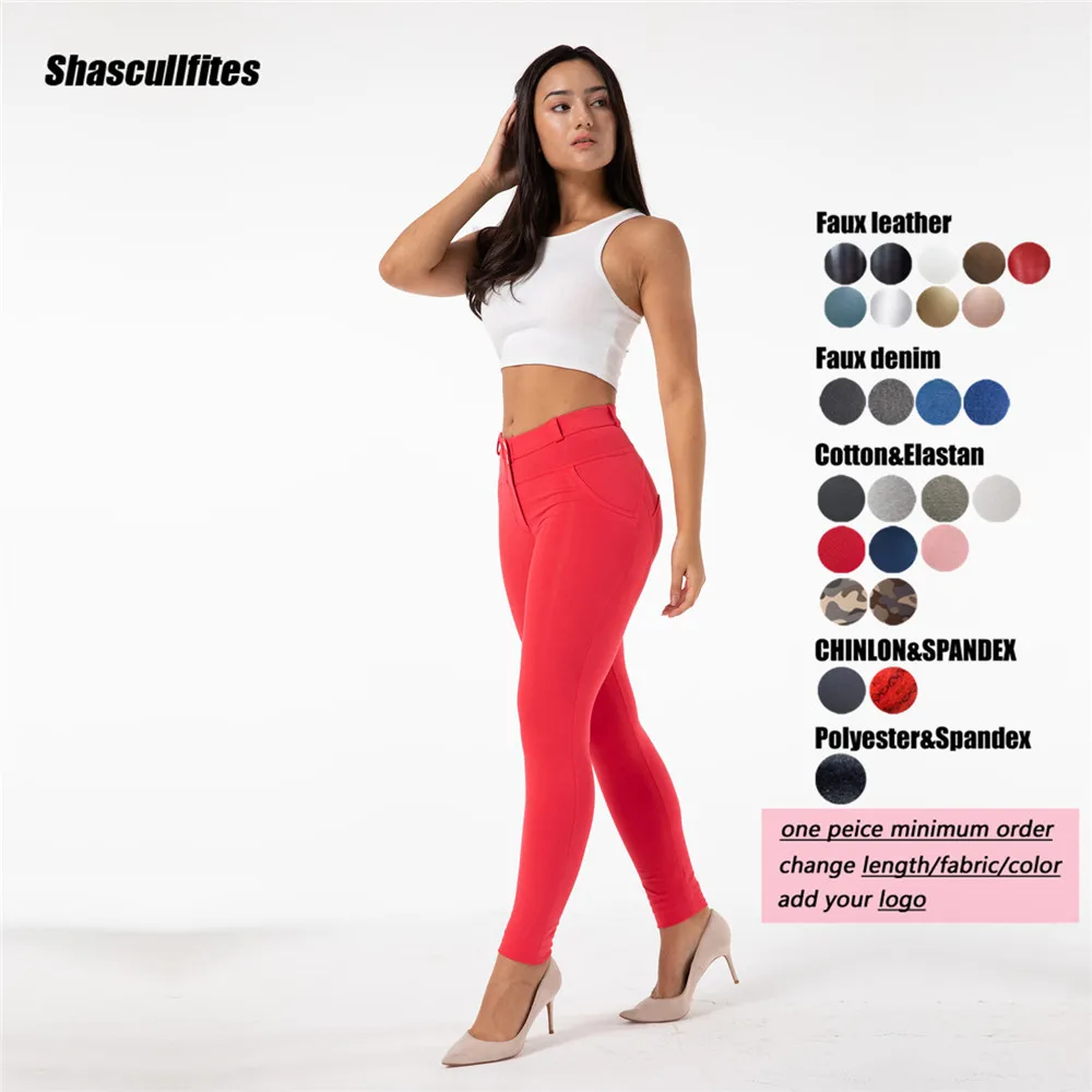 Shascullfites Gym and Shaping Tailored Pants Elastic Red All Match Sport Fitness Workout Athletic Leggings with Buttons