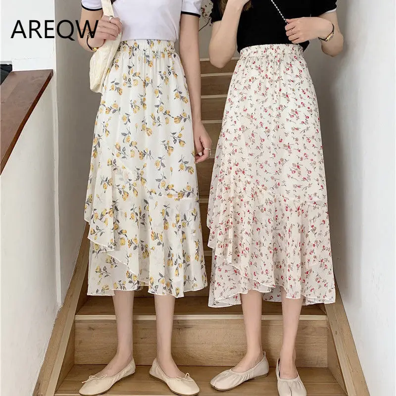 

Japanese and Korean summer 2022 new floral mid-length ruffled A-line skirt is thin and irregular chiffon skirt women