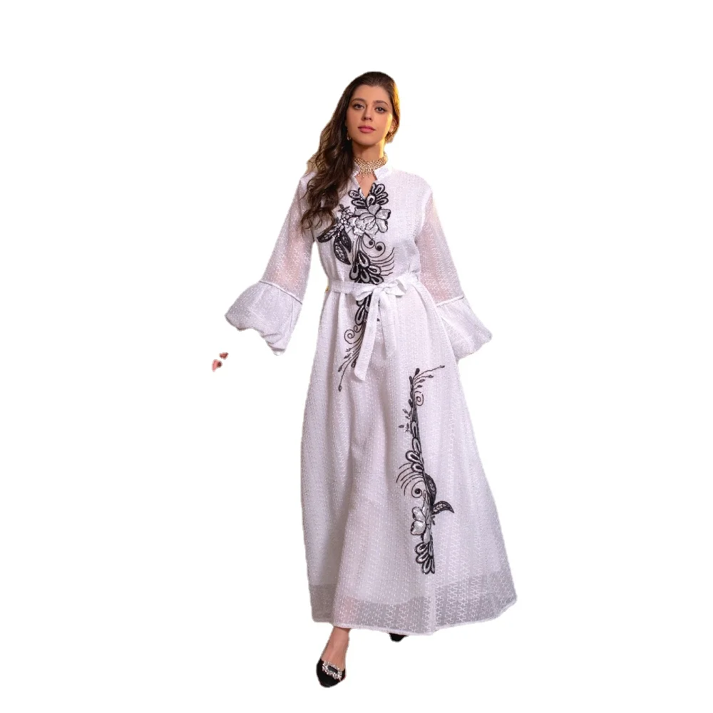 Muslim Womans Dress Embroidery Lantern Sleeve Belt Stand Collar White Kaftan Long Modest Dresses For Women