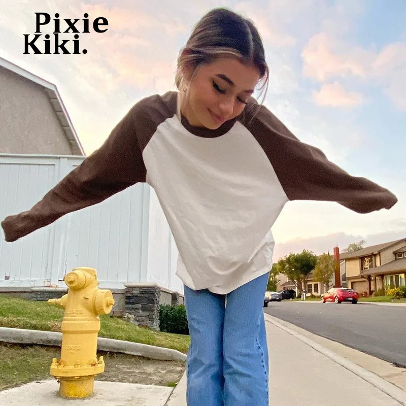 

PixieKiki Brown Raglan Sleeve Y2k Grunge Top Women Casual Loose T Shirts Vintage 2000s Aesthetic Clothes Fall 2022 P67-BG20