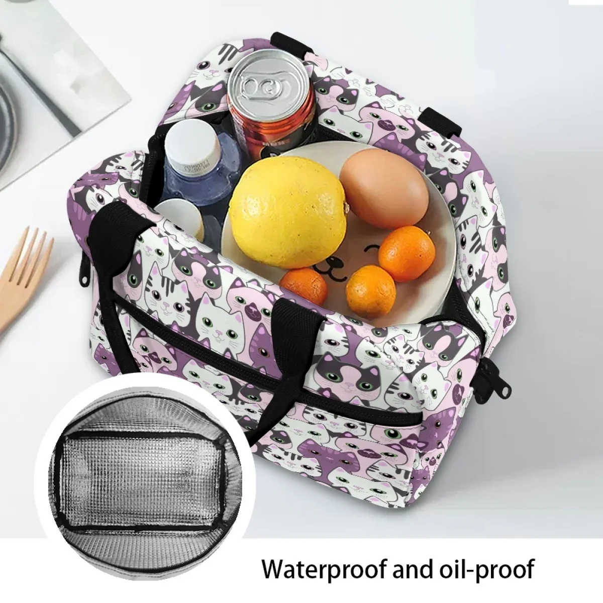 Новая мода милый мультяшный кот узор дизайн термобокс для завтрака женские