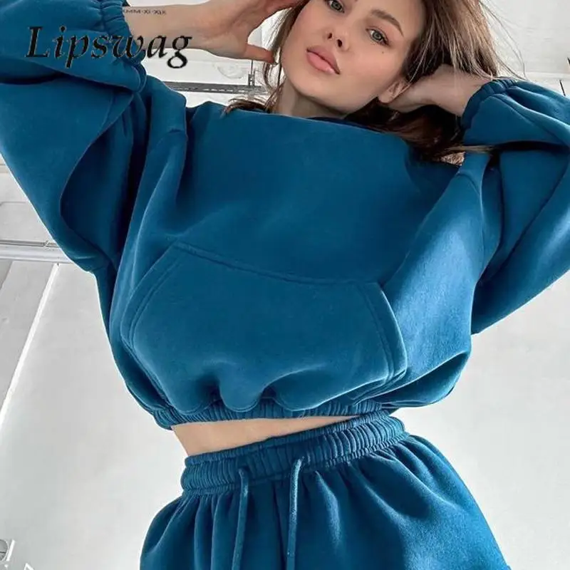 

Женский однотонный спортивный костюм из двух предметов с длинными рукавами, осенне-зимний костюм с карманами и высокой талией, повседневный Свободный свитшот с капюшоном и брюки