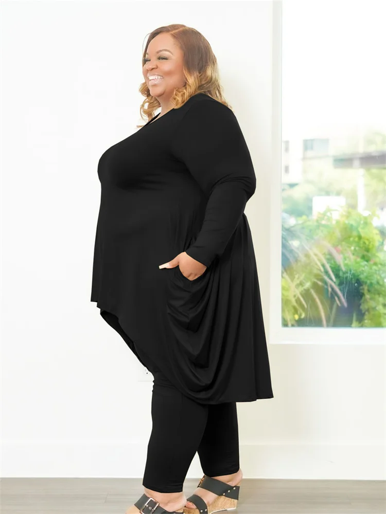 Plus Size Two Piece Outfits Women Casual Pockets Loose Top Leggings Sets Solid Stretch Tracksuit Whole 3xl 4xl 5xl 6xl