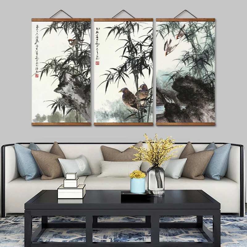 

MT0322 Chinese Style bamboo animal landscape Decorative Wall Art Posters Solid Wood Scroll Paintings
