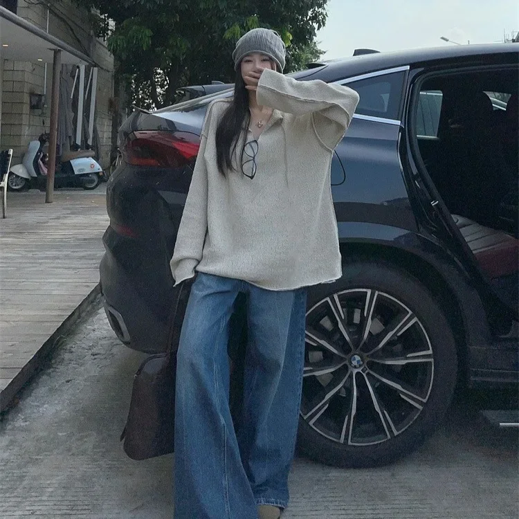 Вязаный топ с v-образным вырезом женский осенний новый двусторонний свитер в