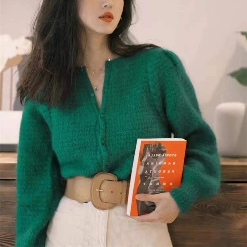 Green Mohair Crew Neck Hollow Knit Cardigan Women's Elegant Commuter Single Breasted Sweater Knitwear Tops New 2022