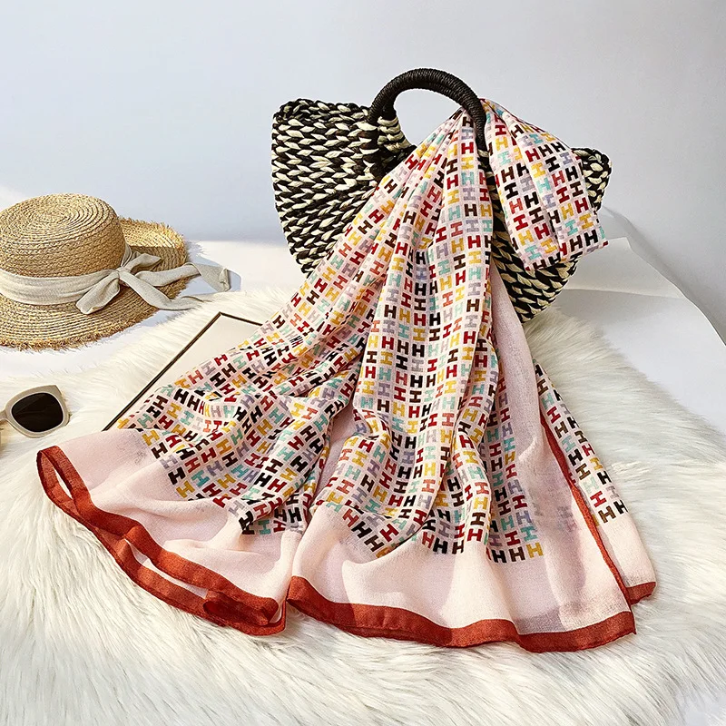 

Spring and summer new letter printed silk scarf women's fashion crimped cotton linen silk scarf outdoor decoration sunscreen