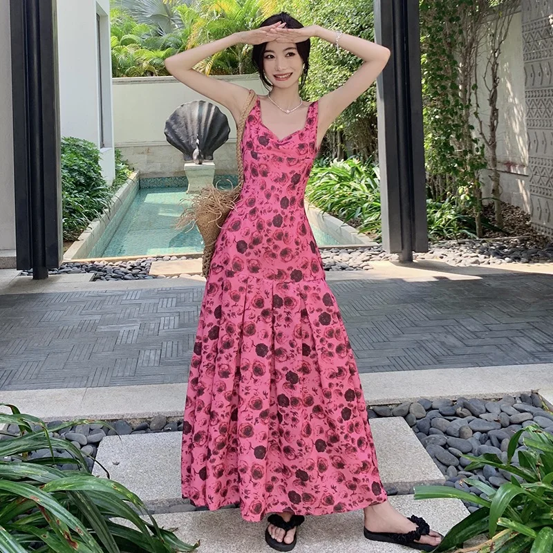 

Summer Apricot Dress Printing Sling Sleeveless Womens Sexy Fashion Simple Temperament 2023 NEW Female Clothing Long Dress