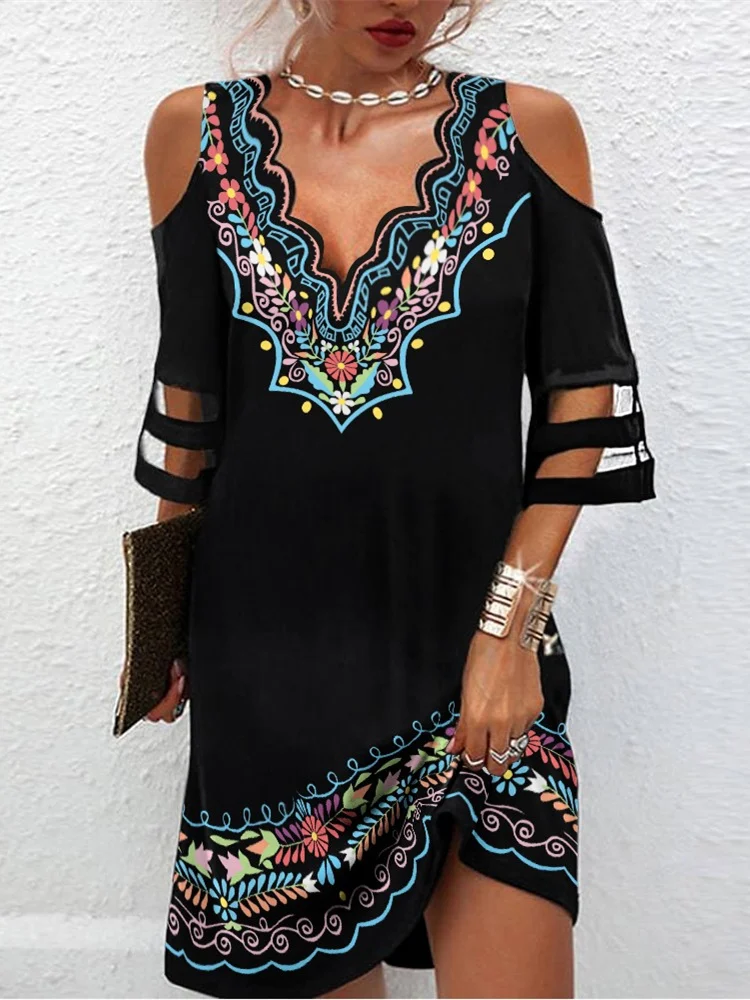 

Mandylandy Women Elegant Mesh Patchwork Loose Dress Fashion Female Y2K Off Shoulder Short Sleeve V Neck A-line Dress Streetwear