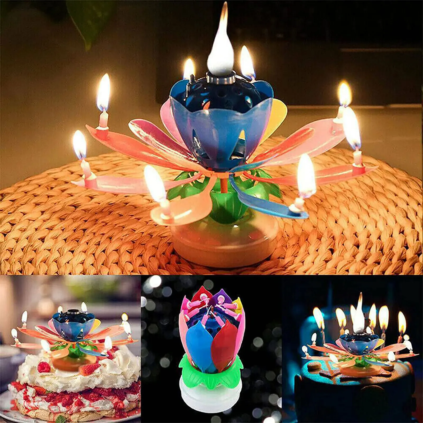Music Candle Double Flower Blossoms Birthday Cake Flat Rotating Electronic Lotus Wax Candle Birthday Party Surprise Prop