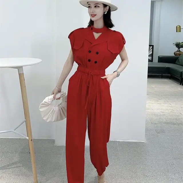 

Women 2022 Summer Elegant Sleeveless Jumpsuits Office Lady Bodysuit Long Pants Casual Playsuit Solid Color Fashion Rompers K26