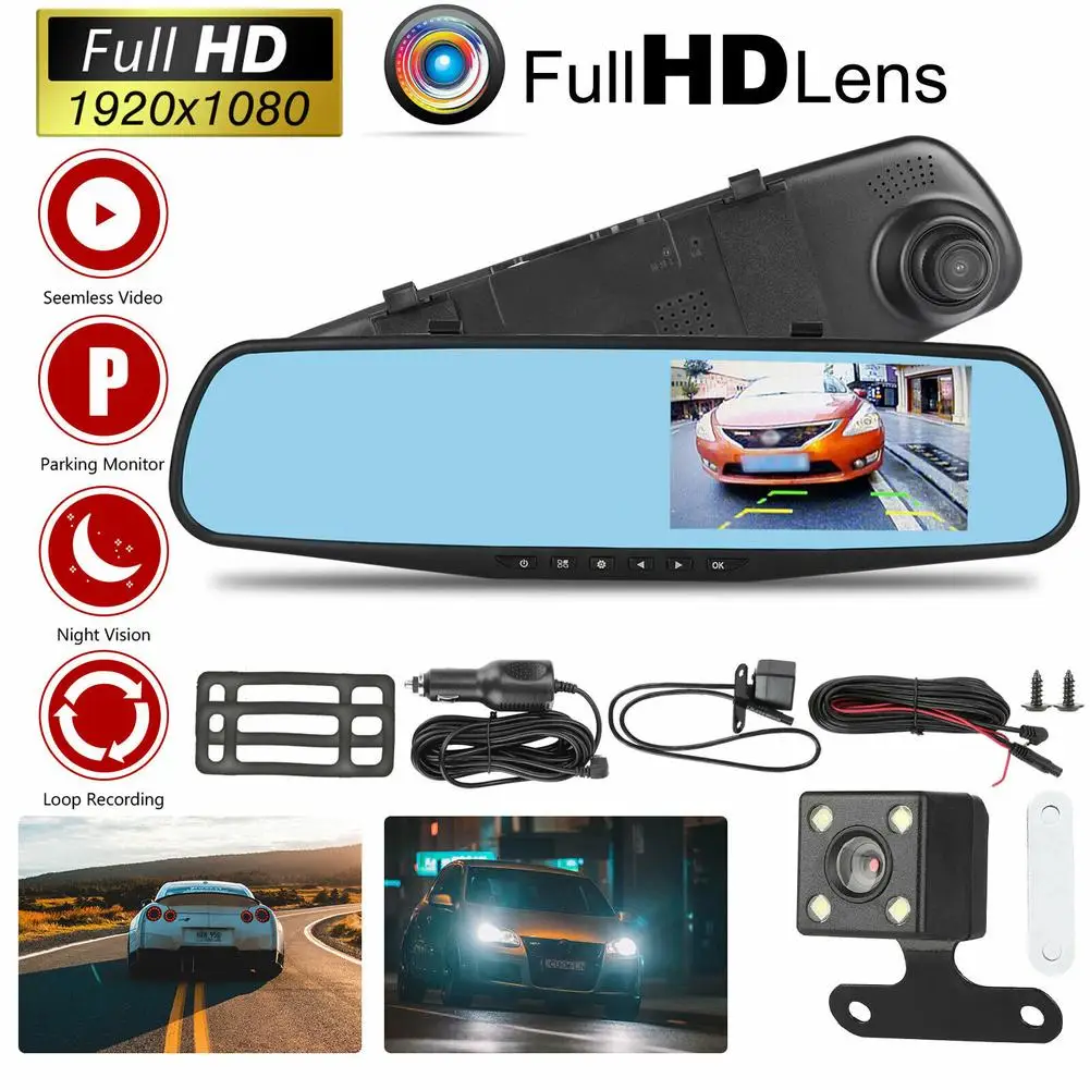 

4.3-inch Rearview Mirror Car Driving Recorder Front Rear Double Recording 1080p 170-degree Wide-angle Dash Cam