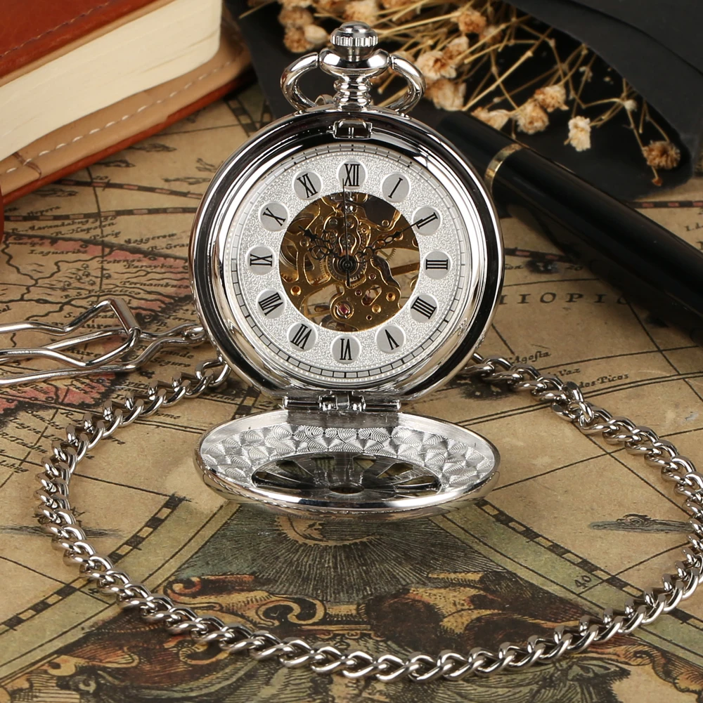 Exquisite Silver/Gold Manual Mechanical Pocket Watch Hub Skeleton Roman Numeral Dial Gentleman Vintage Pendant Pocket Timepiece