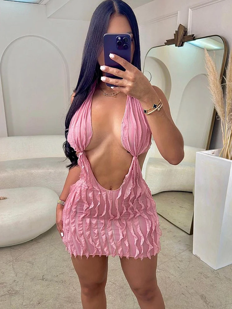 

Elegant Halter Sleeveless Backless Hollow Out Sexy Mini Dress 2023 Summer Women Party Beach Vacation Long Dresses Pink White
