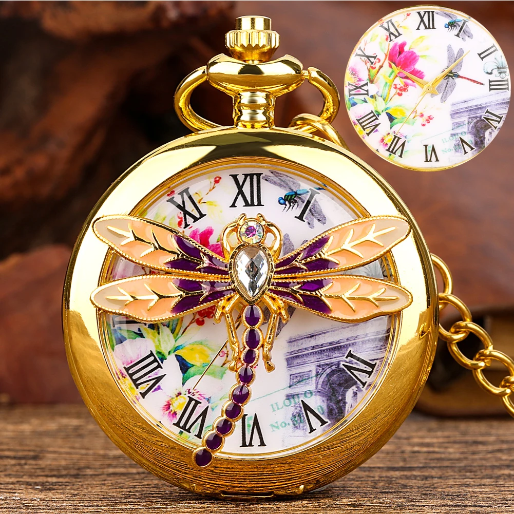 

Gold Ladies Pocket Watch Hollow Dragonfly Quartz Pendant Watches Roman Numeral Dial Exquisite Birthday Anniversary Gift for Wife