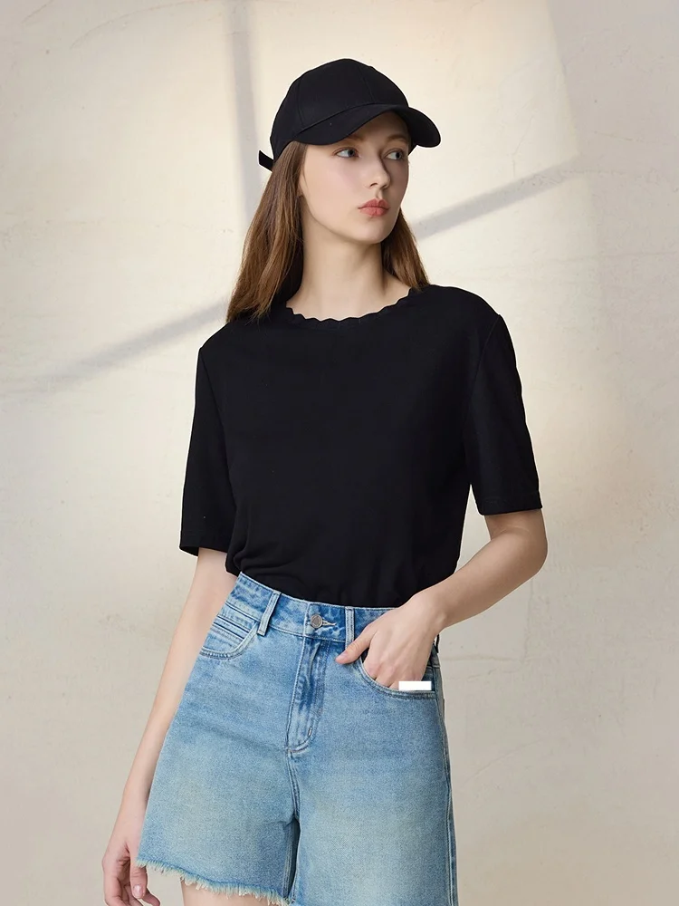 Кружевной воротник/Mslan24 ранняя весна простая универсальная футболка с круглым