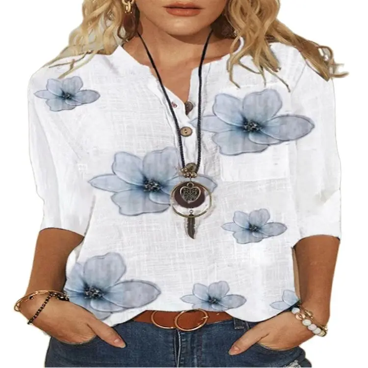 

2023 Spring/Summer New Women's Excellent 5/4 Sleeve Printed Shirt V-Neck Loose Top Shirt