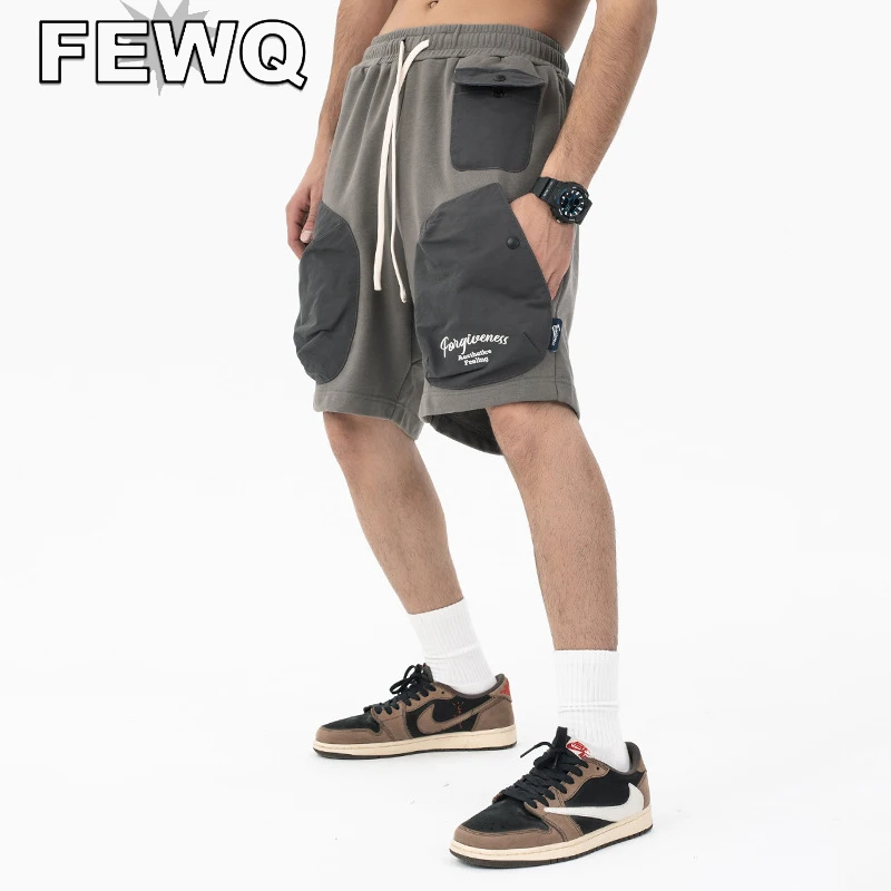 

FEWQ American Style Men's Multi Pocket Short Cargo Pants Patchwork Male Casual Shorts Drawstring 2023 Spring Fashion New 24B2136