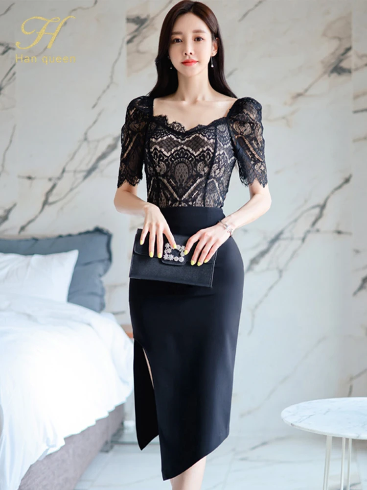

H Han Queen New 2022 Summer 2 Pieces Set Women Black Lace Blouses And High Waist Split Skirts Korean Chic Office Lady Suit Skirt