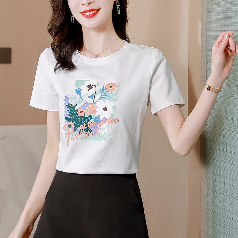 

Cotton New Women's T-shirt Loose In Summer Floral Print Short Sleeve Tees Casual Fashion O-neck Top