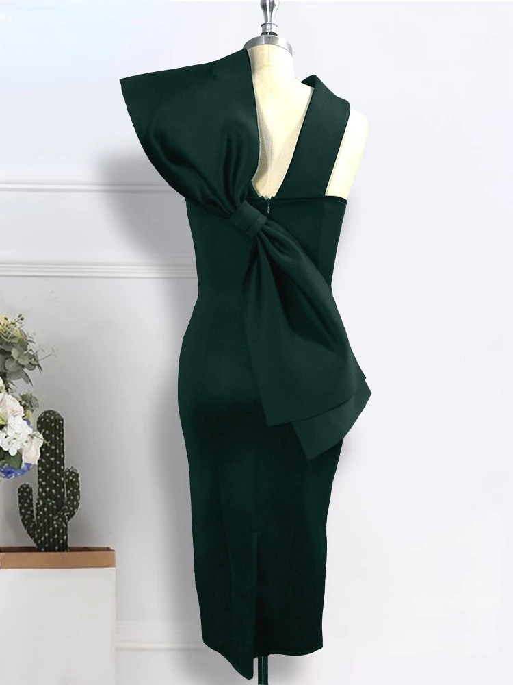 Женское платье с открытой спиной и бантом-бабочкой темно-зеленое сексуальное для