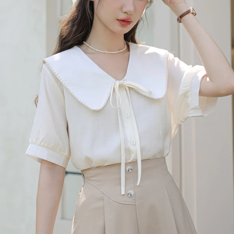 

Summer Women's Short Sleeve Doll Neck French Bubble Sleeve Solid Lace Up Commuter Shirt Camisas De Mujer Women Tops Blouse A46