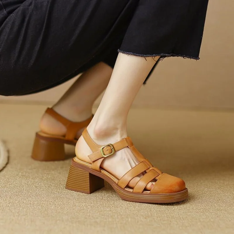 Vintage Fashion Women Sandals Office Ladies Pumps Chunk Heels Platforms Buckle Shoes Woman 2023 Summer images - 6