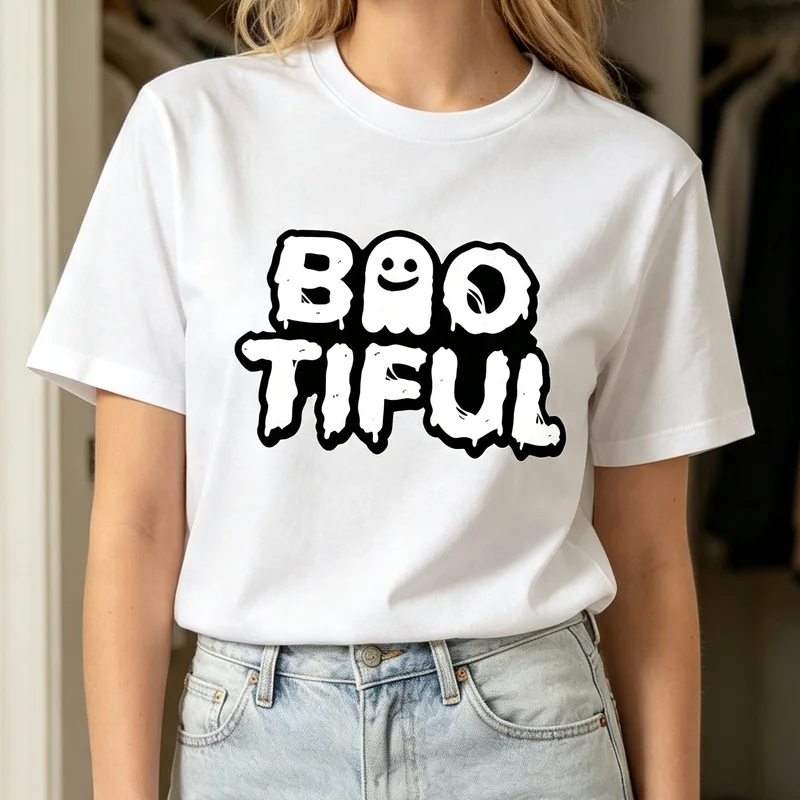 Фото Футболка с принтом Boo Tiful Ghost Spooky Cute Letter в стиле Хэллоуин, повседневная уличная одежда для мужчин и женщин, 100% хлопок, унисекс. №2