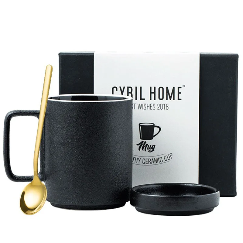 

Nordic Style Frosted Black Mug with Lid Large-capacity Ceramic Cup Coffee Cup Office Home Water Cups School Teacher Gift 420 ML
