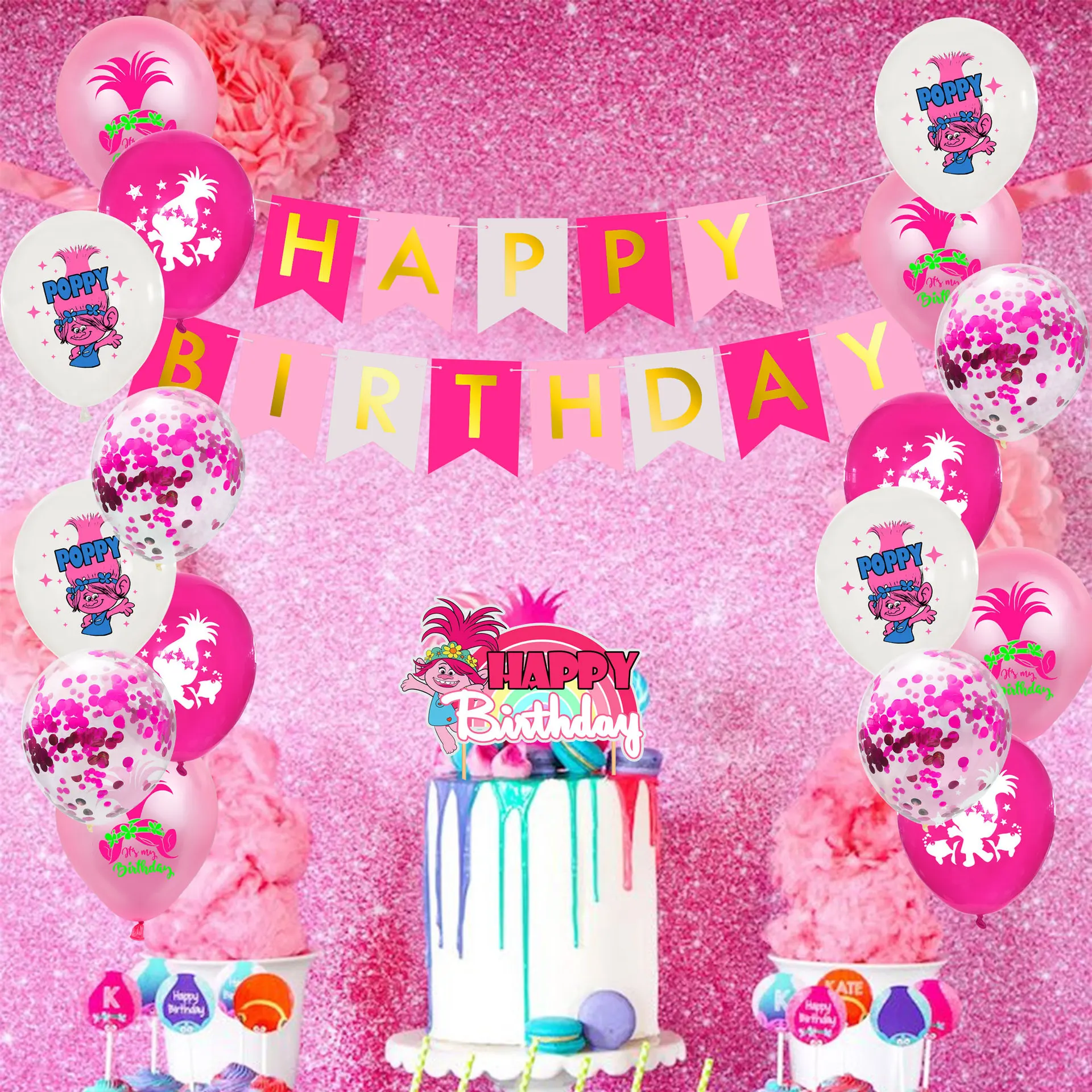 Воздушные шары розового цвета с изображением троллей украшение для вечерние