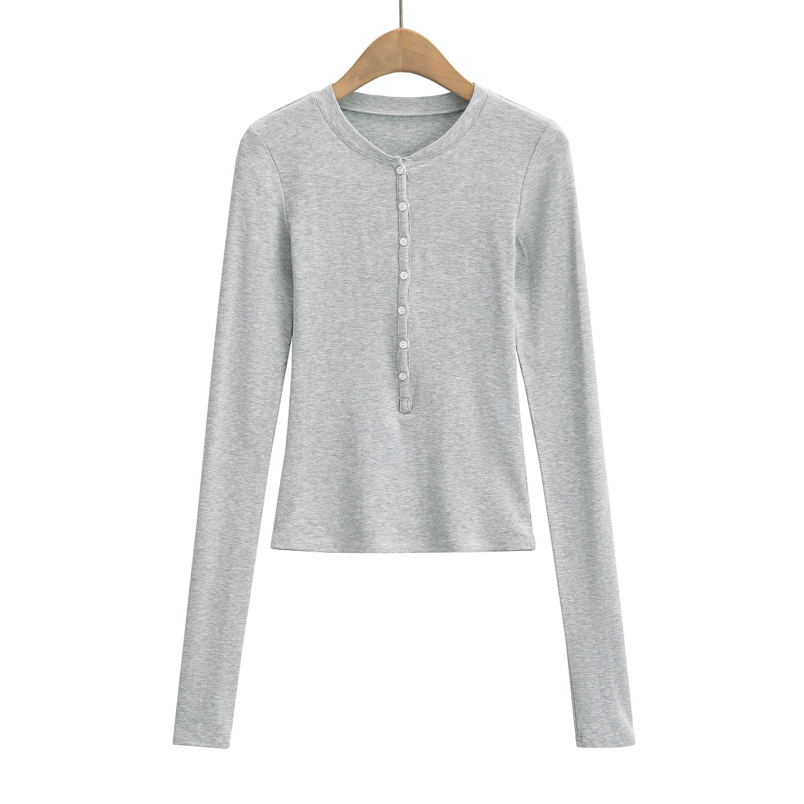 Женский однотонный топ на пуговицах с круглым вырезом и длинным рукавом