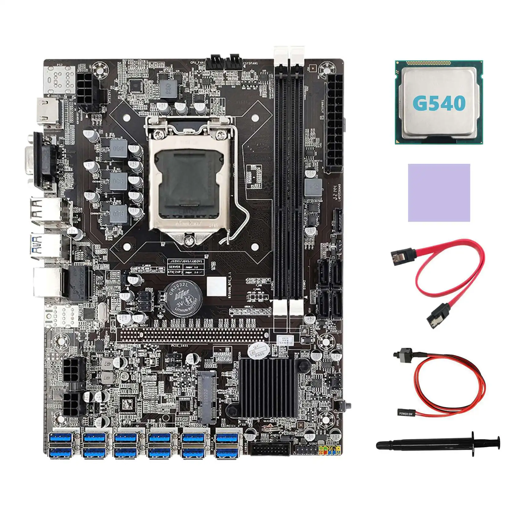 B75 ETH Miner Motherboard 12 PCIE to USB3.0+G540 CPU+Thermal Grease+Thermal Pad+SATA Cable+Switch Cable Motherboard