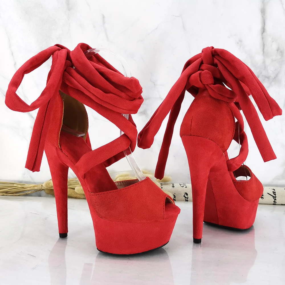 Leecabe 15CM/6Inch RED Suede  lady Platform party High Heels Shoes Pole Dance Shoes