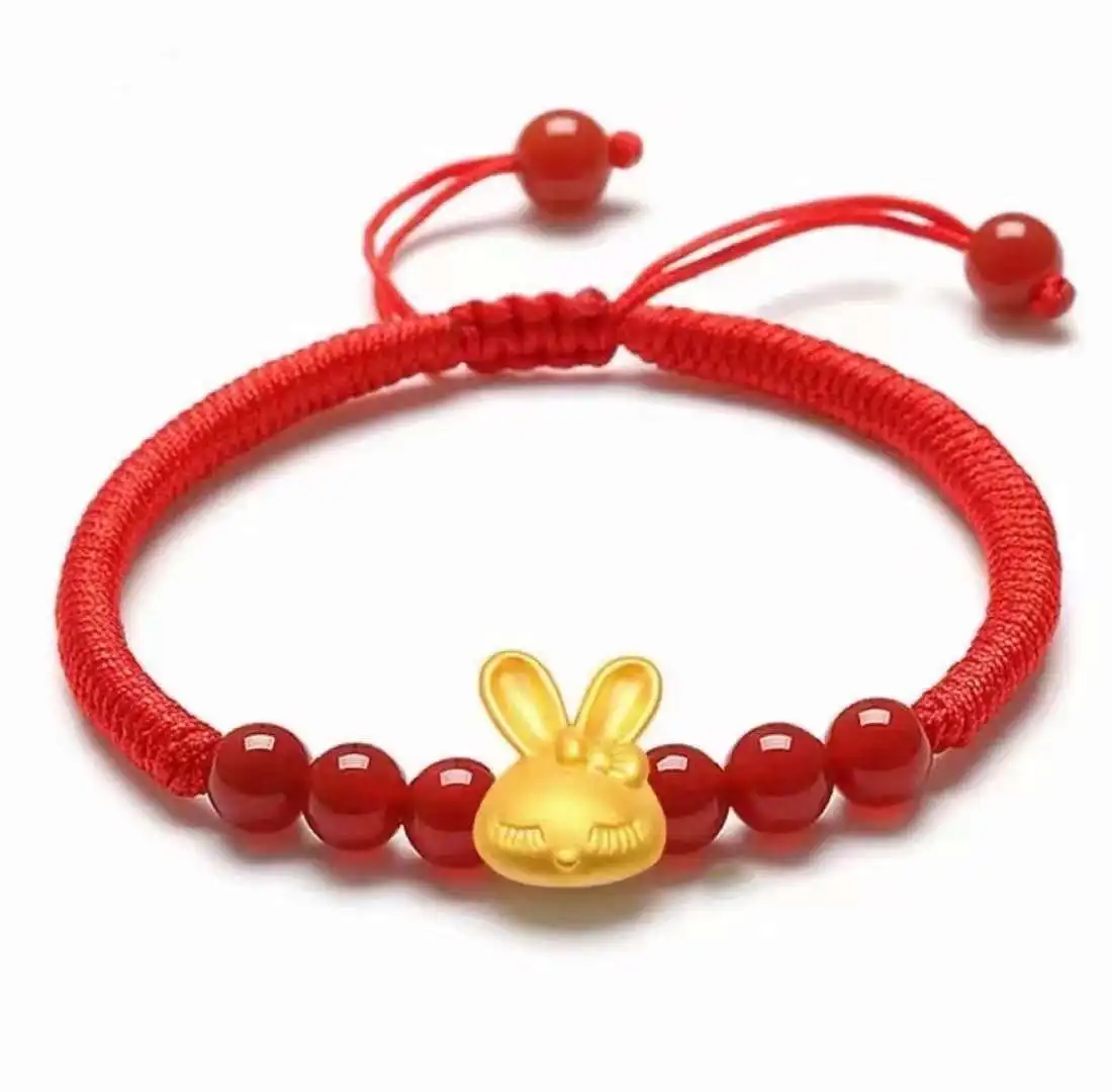 

Pure 999 Real 24K Yellow Gold Rabbit Head Bracelet Women Female with Red Agate Bead Weave Handmade Bracelets