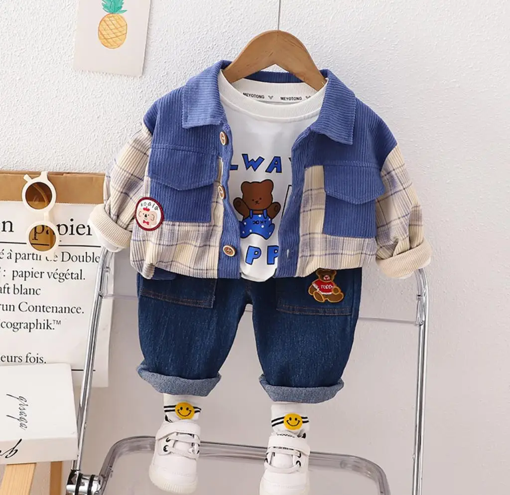 

Дизайнерская одежда для маленьких мальчиков, осенняя модная детская Вельветовая однобортная кофта в стиле пэчворк, рубашка и штаны, модные рождественские комплекты из 2 предметов