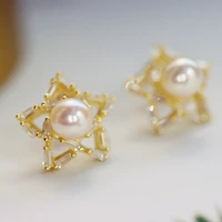 meibapj 925 genuine silver natural round freshwater pearl five pointed star stud earrings fine wedding jewelry for women