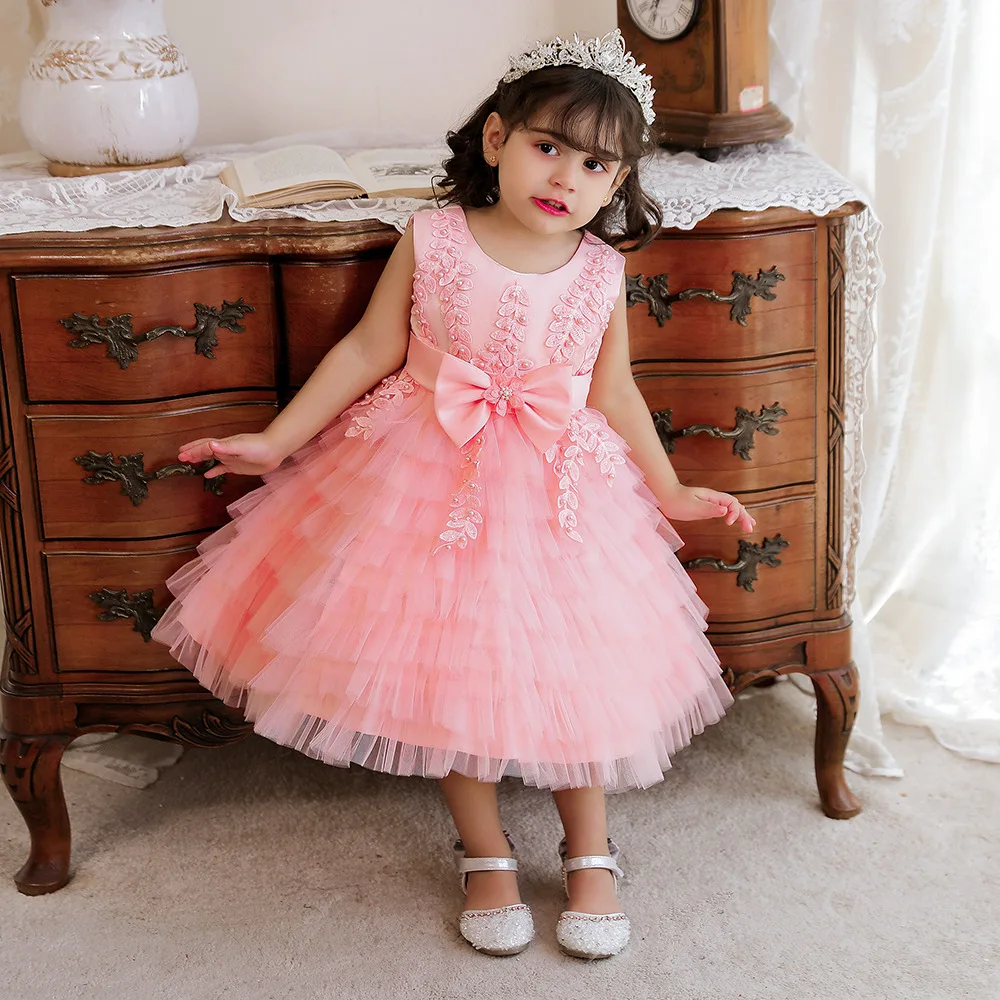 Toddler Princess Dress Girl Bowknot Layered Tulle Sweety Party Ball Gown Kids Sleeveless Jacquard Frocks Gala Christmas Clothes