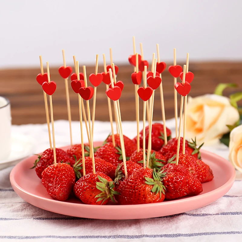 

50Pcs 12cm Heart Bamboo Pick Buffet Cupcake Fruit Fork Dessert Salad Stick Cocktail Skewer for Wedding Birthday Party Decoration
