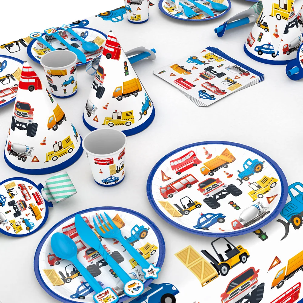 

Construction Trucks Cartoon Cars Party Disposable Tableware Set Plate Straw Tablecloth Birthday Party Decoration Kids Cake Decor