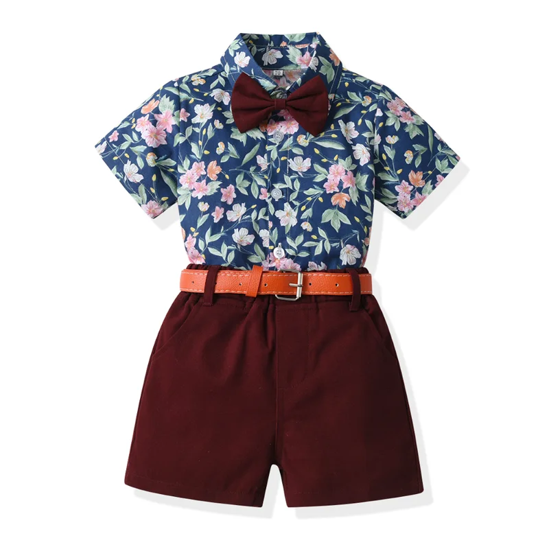 

Fashion Kids Boy Gentleman Clothing Sets Short Sleeve Cartoon Printed Casual Shirt with Bowtie+Belt Shorts 2PCS Suit