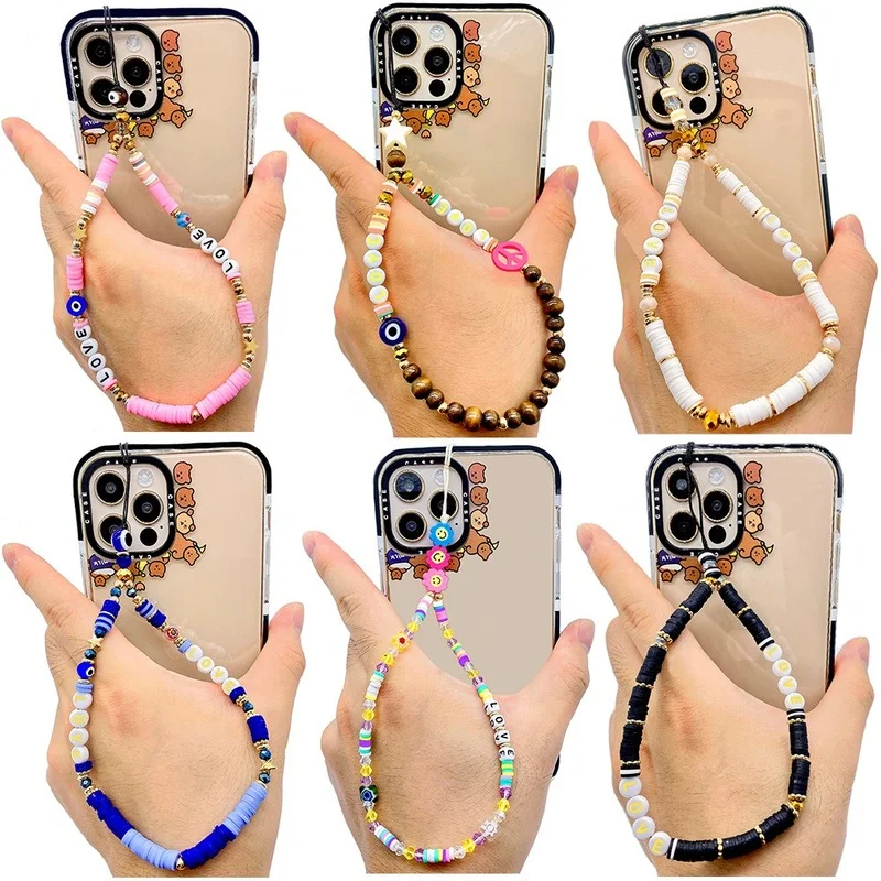 

2022 Bohemian Phone Chain Love Letter Clay Phone Charm Strap Evil Eye Jewelry for Women Girls Anti-Lost Lanyard Accessories Gift