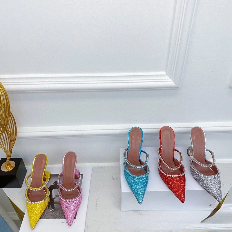 

2022 European and American Rhinestone Sequins Horseshoe High -heeled Shoe with A Back -empty Sandals Female Baotou Wedding Shoes