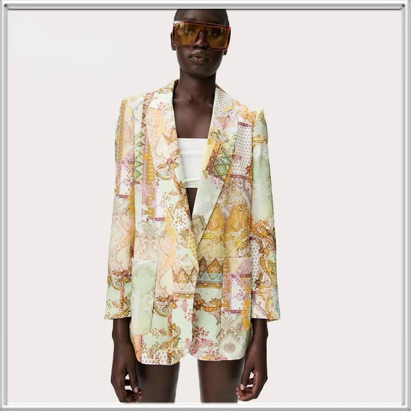

Women 2021New Fashion Double Breasted Tie-dye Print Blazers Coat Vintage Long Sleeve Pockets Female Outerwear Chic Tops