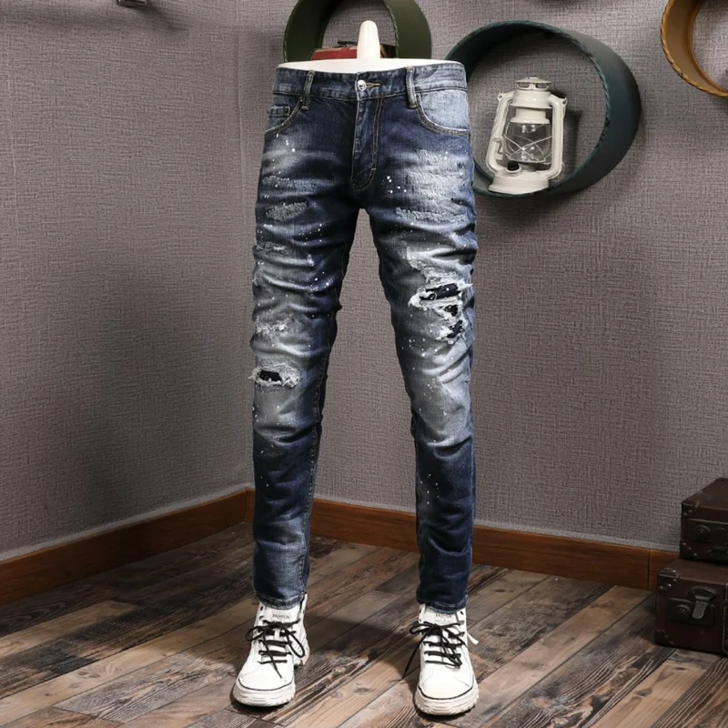 Streetwear Fashion Men Jeans Retro Blue Stretch Slim Fit Ripped Jeans Men Hole Trousers Painted Designer Vintage Pants Hombre