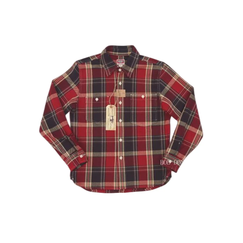 BOB DONG Vintage Men's Heavy Duty Cotton Plaid Shirt American Workwear Plaid Shirt Amekaji Spring Autumn Coat