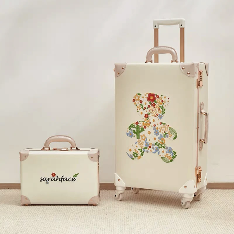 2022 New Retro Rolling Luggage Spinner PU Leather Trolley Suitcase Borading Box Women Trolley Travel Bag Men Carry Ons Luggage