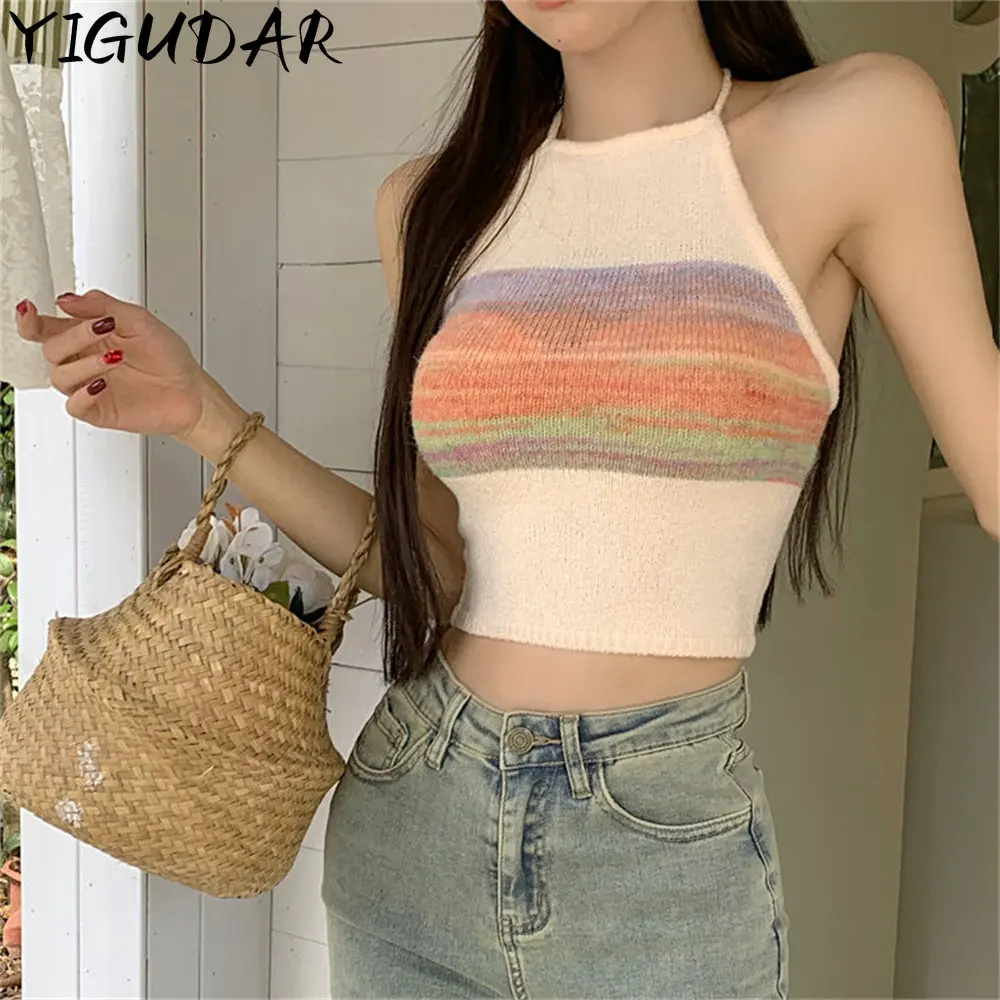 

Camisole Women Rainbow Color Striped Chic Hot Sale Ins Knitted Sweet Girl Popular Female Sexy Street Style Tanks Top New