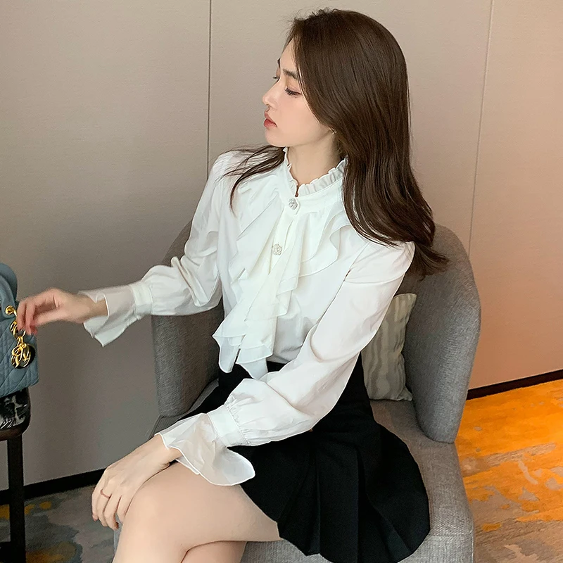 

COIGARSAM Shirt Womens Tops Vintage French Style Flounced Loose Long Sleeve Women Shirts