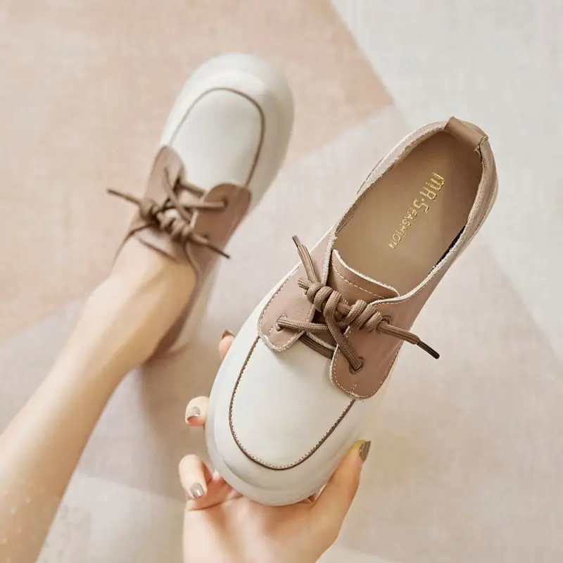 Soft Bottom Flat Shoes Women's 2022 New British Style Color Matching Front Lace Small Leather Shoes Non-slip Wear-resistant