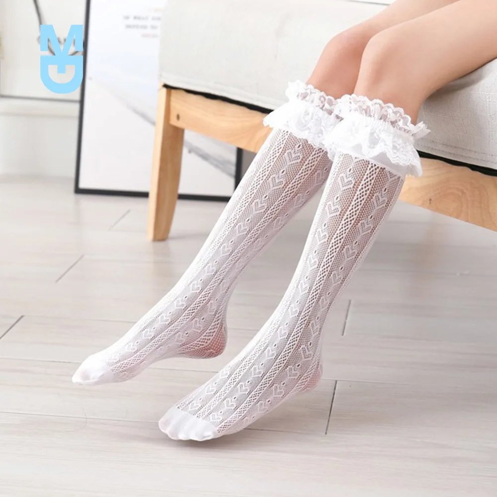 

New Children's Socks White Girl's Lolita Lace Knee High Socks Kid Floral Sox Japanese Style Female Hollow Out Ruffle Cheap Stuff